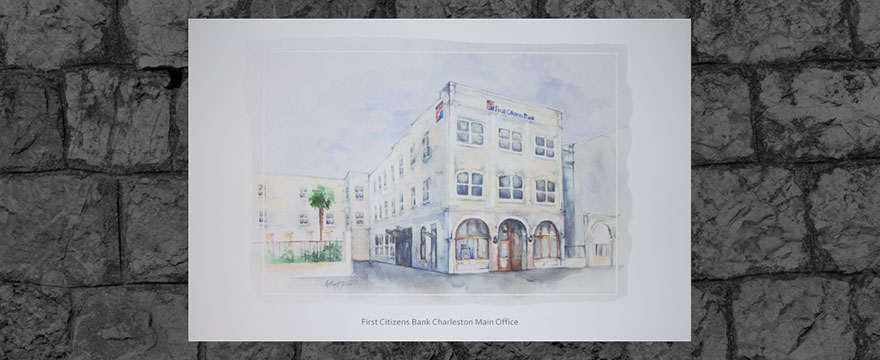 First Citizens Bank Charleston, SC, branch watercolor illustration