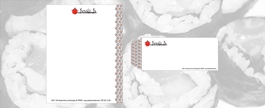 logo, letterhead, and business card design for Yamato Ya, a Japanese restaurant and sushi bar in Anchorage, AK